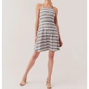 Pact Fit and Flare Organic Cotton Strappy Stripe Dress Sz L Blue Pink